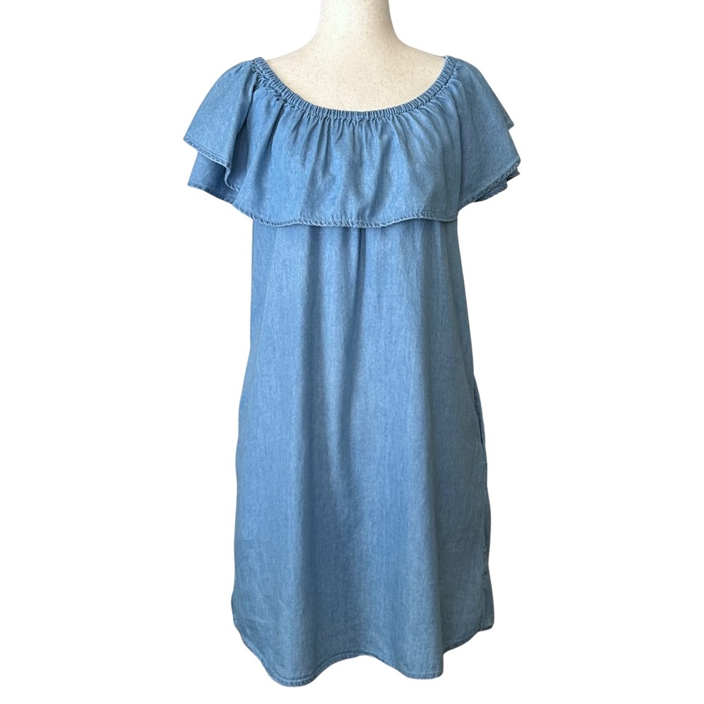 Girl Krazy On or Off Shoulder Chambray Mini Dress with Pockets - M - Blue
